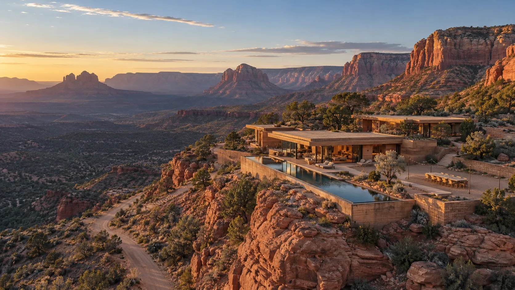 A low concrete inn the color of pale sandstone on a cliff above Arizona's red rock canyon at golden hour, with a long infinity pool