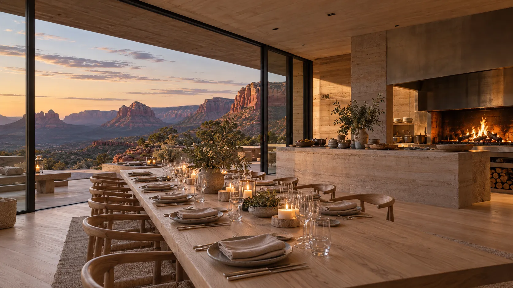 A long oak communal table beside an open wood-fire hearth, windows showing the buttes at dusk