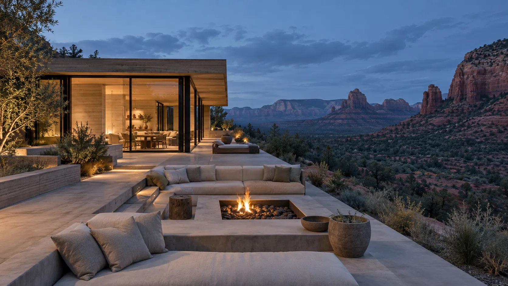 A long concrete terrace with a sunken fire pit at dusk overlooking the canyon
