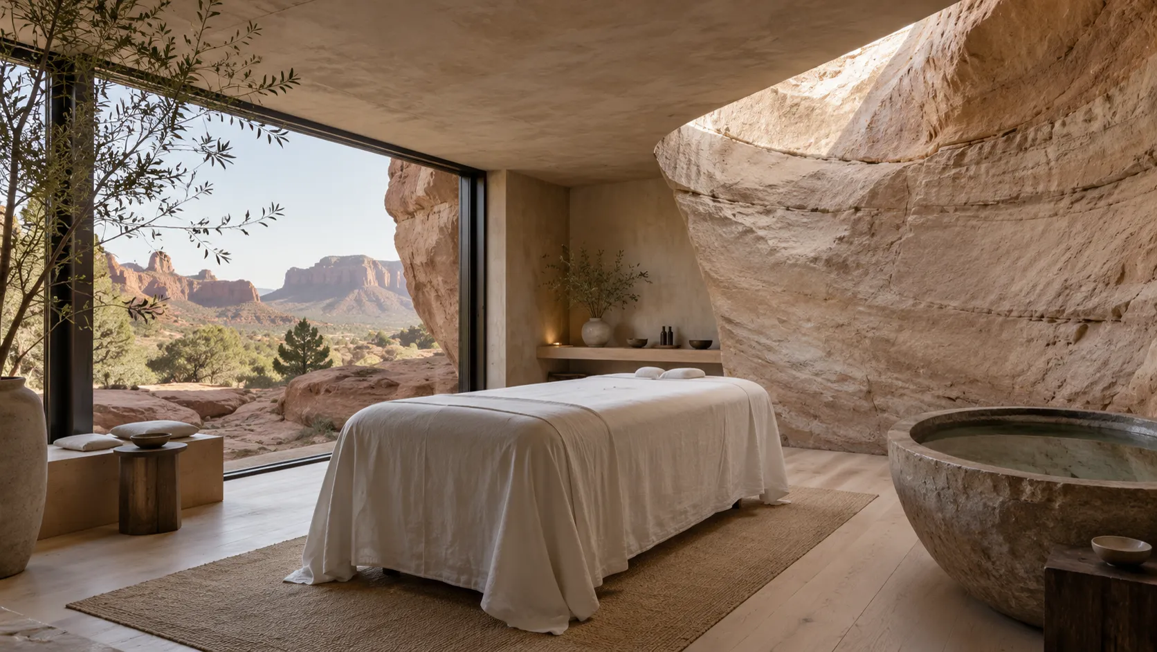 A treatment room carved into a curved sandstone wall with a white linen bed and a stone basin