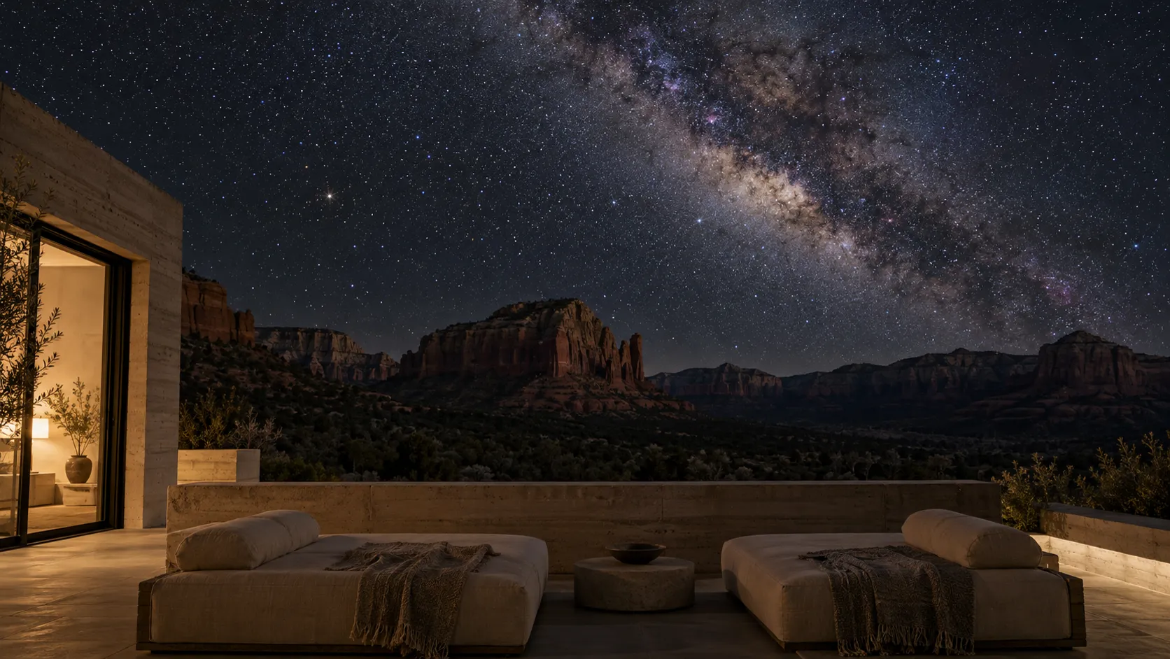 The Milky Way over dark sandstone buttes, seen from two linen daybeds on the inn's terrace