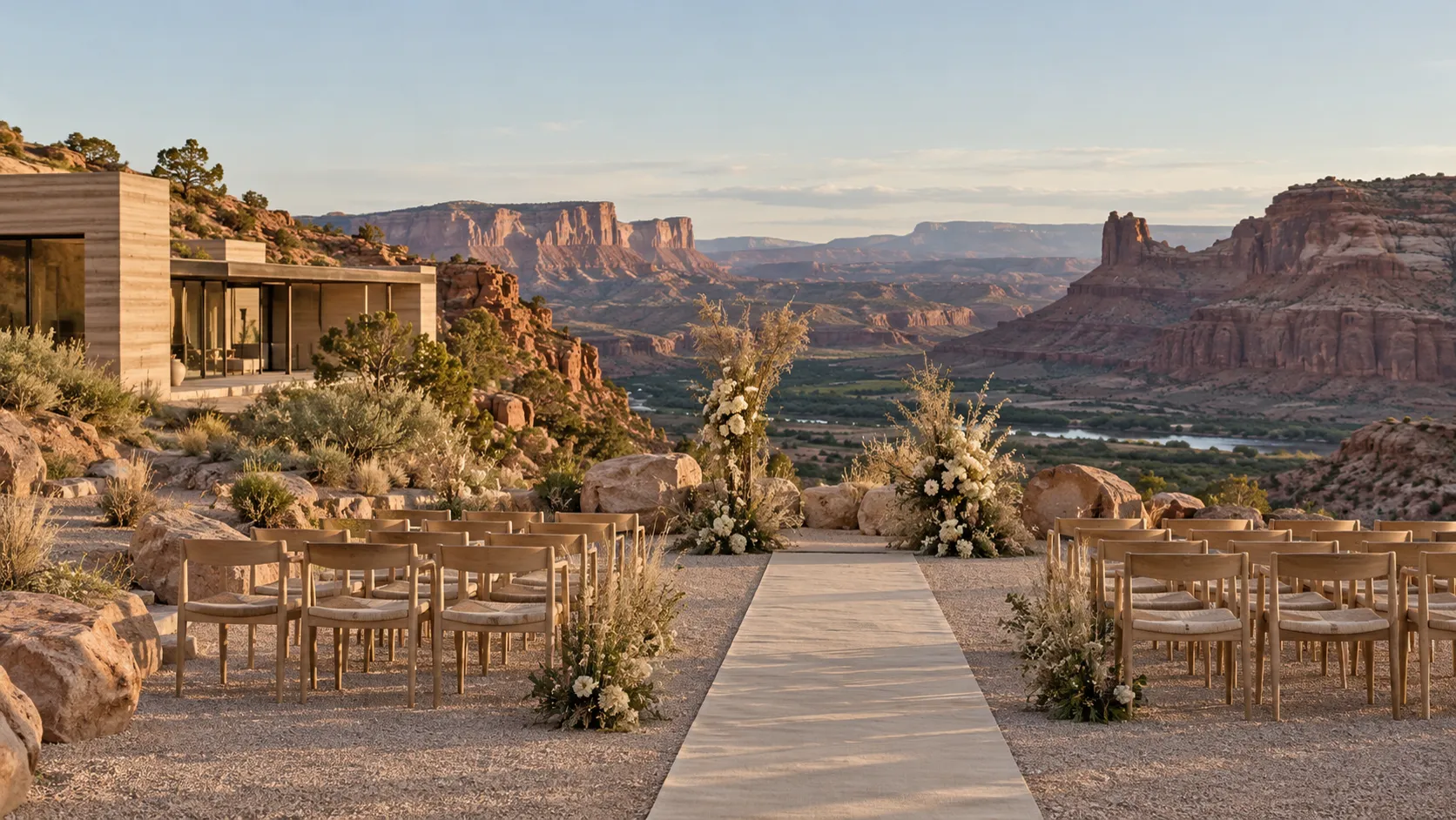 Rows of wooden chairs on a gravel lawn at the cliff edge, facing the canyon, with a minimal arch of dried grasses and white flowers
